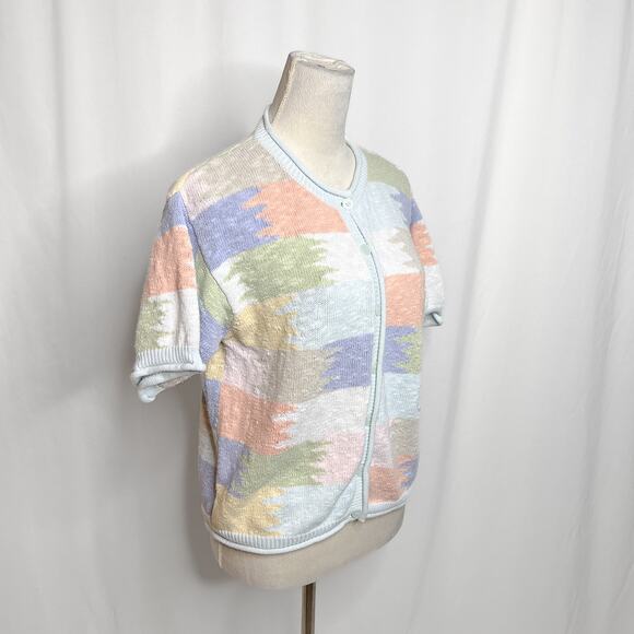 Christopher & Banks Vintage Pastel Patchwork Sweater Short Sleeve Button Up Knit - Picture 4 of 9